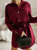 Women Autumn Turndown Collar Solid Tie-Waist Shirt Dress