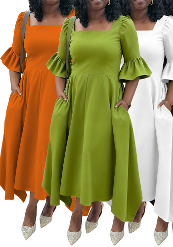 Plus Size Women Autumn/Winter Elegant Ruffle Sleeve Pocket Dress