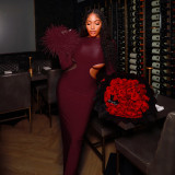 Women Autumn/Winter Round Neck Hollow-Out Furry Patchwork Long Sleeve Bodycon Maxi Dress