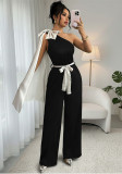 Women Summer Color Block Bow Ribbon Slash Shoulder Sleeveless Jumpsuit