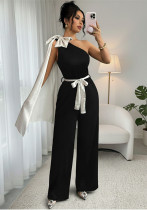 Women Summer Color Block Bow Ribbon Slash Shoulder Sleeveless Jumpsuit