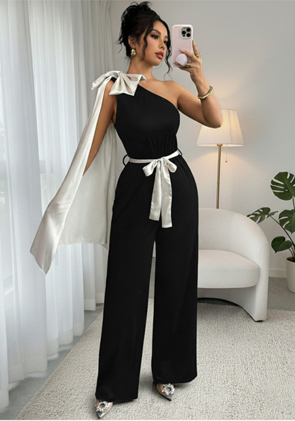 Women Summer Color Block Bow Ribbon Slash Shoulder Sleeveless Jumpsuit
