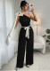 Women Summer Color Block Bow Ribbon Slash Shoulder Sleeveless Jumpsuit