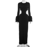 Women Autumn/Winter Round Neck Hollow-Out Furry Patchwork Long Sleeve Bodycon Maxi Dress