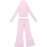 Women Autumn/Winter Solid Zipper Crop Top and Pant Casual Two-Piece Set