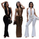 Women Sexy Solid Backless Top and Pants Two-piece Set