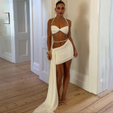 Women Autumn Sexy Solid Backless Halter Neck Camisole Top and Skirt Two-Piece Set