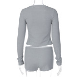 Women Autumn Round Neck Long-Sleeved Top and Shorts Two-Piece Set
