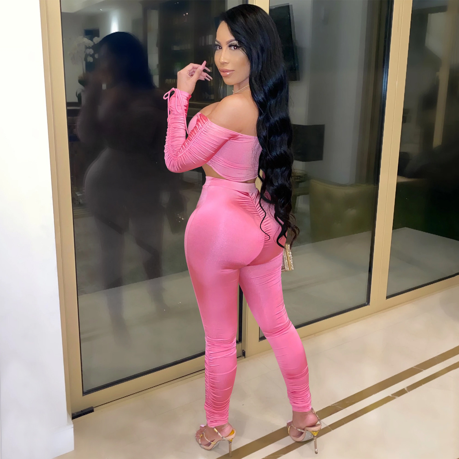 Women Grunge Sleeve Tie-up Top and Pant Two-piece Set