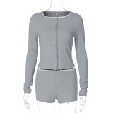 Women Autumn Round Neck Long-Sleeved Top and Shorts Two-Piece Set