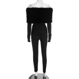 Women Autumn/Winter Off-Shoulder Sexy Furry Long Sleeve Jumpsuit