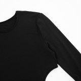 Women Autumn/Winter Round Neck Hollow-Out Furry Patchwork Long Sleeve Bodycon Maxi Dress