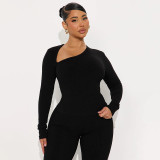 Women Casual Women Asymmetrical V-Neck Long Sleeve Top and Trousers Two-Piece Set