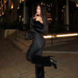 Women Autumn/Winter Off-Shoulder Sexy Furry Long Sleeve Jumpsuit