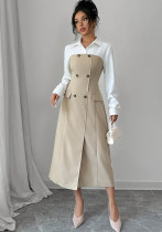 Women Elegant Turndown Collar Patchwork Dress