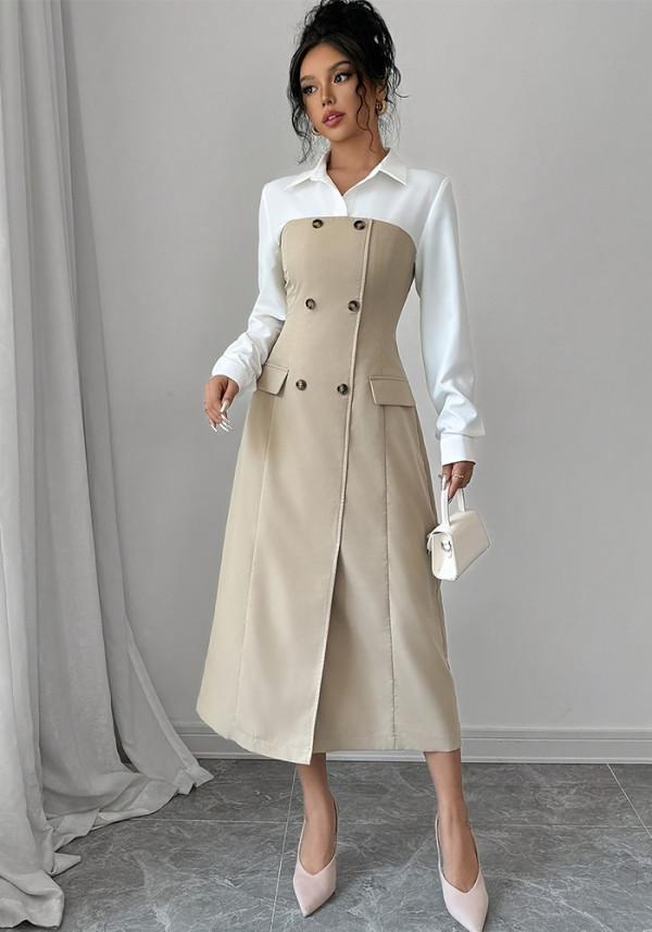 Women Elegant Turndown Collar Patchwork Dress