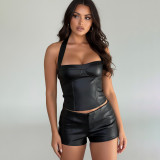 Women Sexy Pu-Leather Solid Basics Halter Neck Top