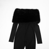 Women Autumn/Winter Off-Shoulder Sexy Furry Long Sleeve Jumpsuit