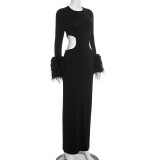 Women Autumn/Winter Round Neck Hollow-Out Furry Patchwork Long Sleeve Bodycon Maxi Dress