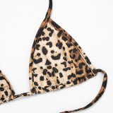 Women Leopard Print Ruffle Collar Bell Bottom Sleeve Top Bra and Skirt Three-Piece