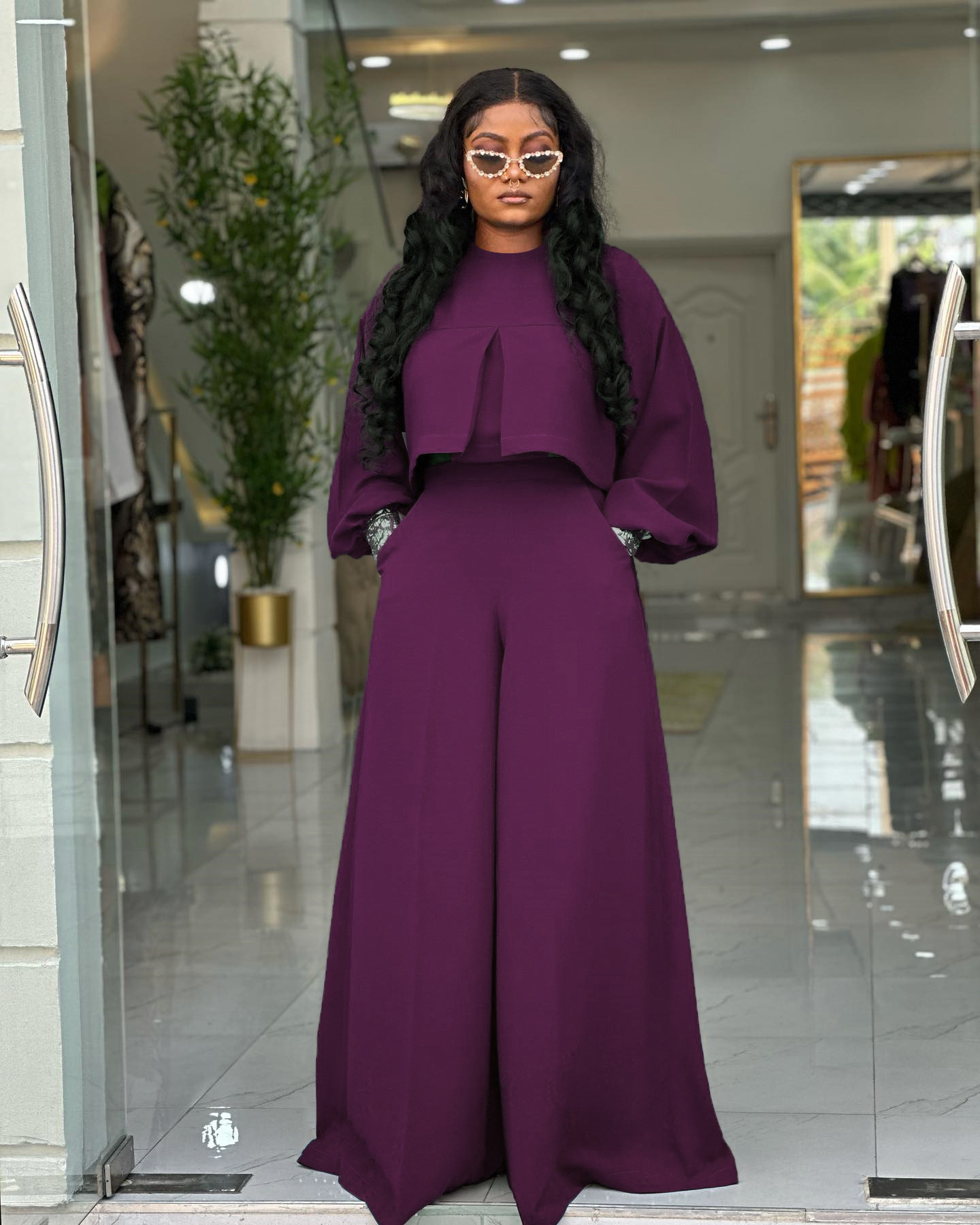 Women Autumn/Winter Round Neck Irregular Lantern Sleeve Top Wide Leg Pants Two-Piece Set