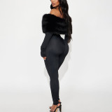 Women Autumn/Winter Off-Shoulder Sexy Furry Long Sleeve Jumpsuit