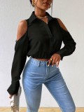 Women Off-Shoulder Hollow-Out Turndown Collar Long-Sleeved Top Shirt