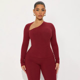 Women Casual Women Asymmetrical V-Neck Long Sleeve Top and Trousers Two-Piece Set