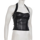 Women Sexy Pu-Leather Solid Basics Halter Neck Top