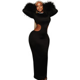 Women Autumn/Winter Round Neck Hollow-Out Furry Patchwork Long Sleeve Bodycon Maxi Dress