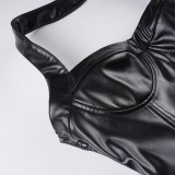 Women Sexy Pu-Leather Solid Basics Halter Neck Top