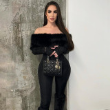 Women Autumn/Winter Off-Shoulder Sexy Furry Long Sleeve Jumpsuit
