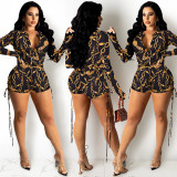 Women Sexy Printed Long-Sleeved V-Neck Jumpsuit