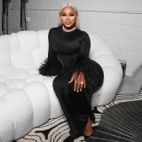 Women Autumn/Winter Round Neck Hollow-Out Furry Patchwork Long Sleeve Bodycon Maxi Dress