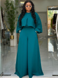 Women Autumn/Winter Round Neck Irregular Lantern Sleeve Top Wide Leg Pants Two-Piece Set