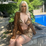 Women Leopard Print Ruffle Collar Bell Bottom Sleeve Top Bra and Skirt Three-Piece