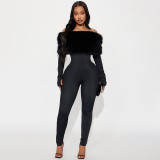 Women Autumn/Winter Off-Shoulder Sexy Furry Long Sleeve Jumpsuit