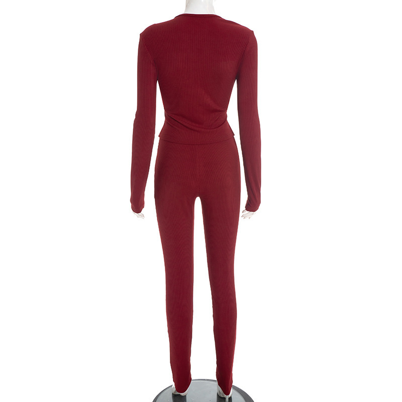 Women Casual Women Asymmetrical V-Neck Long Sleeve Top and Trousers Two-Piece Set