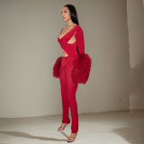 Women Autumn/Winter Sexy Hollow Out Patchwork Furry Jumpsuit