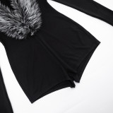 Women Autumn Solid Sexy Furry Neck V-Neck Long Sleeve Romper