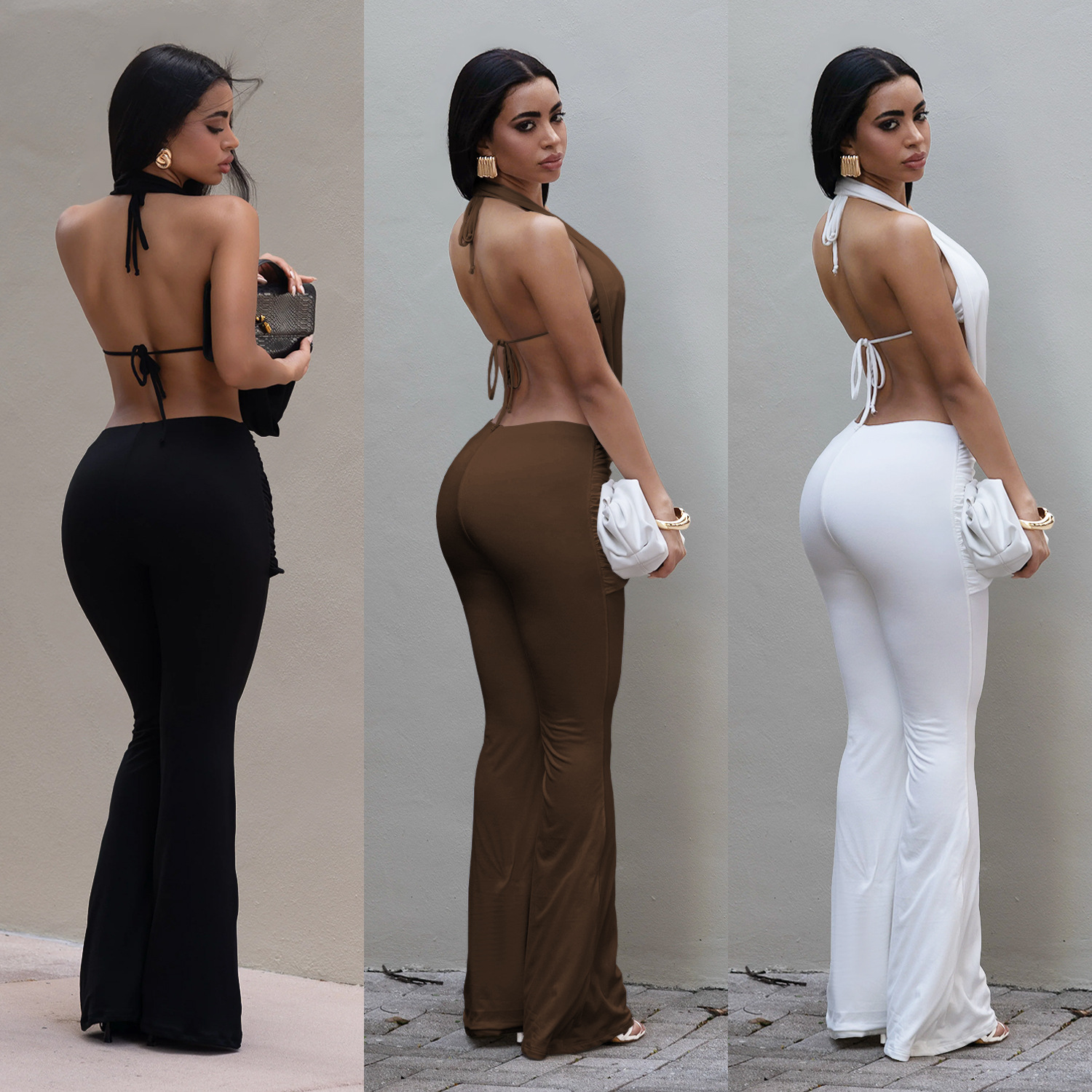 Women Sexy Solid Backless Top and Pants Two-piece Set