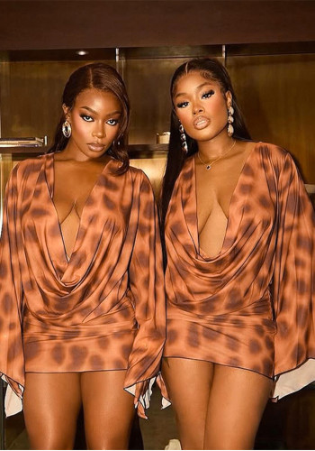 Women Autumn Ruffle Collar Leopard Print Pullover Ruffle Edge Bodycon Dress