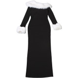 Women Autumn/Winter Sexy Fur Collar Patchwork Slash Shoulder Color Block Long Sleeve Dress