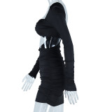 Women Solid Long-Sleeved Sexy Hollowed-Out Bodycon Dress