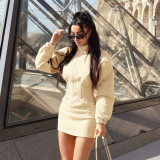 Women Autumn/Winter Solid Casual Stand Collar Long Sleeve Zipper Dress