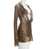 Women Leopard Print Ruffle Collar Bell Bottom Sleeve Top Bra and Skirt Three-Piece