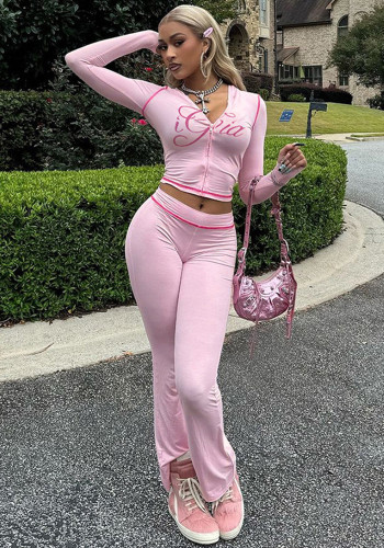 Women Autumn/Winter Solid Zipper Crop Top and Pant Casual Two-Piece Set