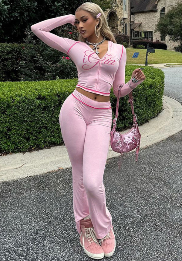 Women Autumn/Winter Solid Zipper Crop Top and Pant Casual Two-Piece Set