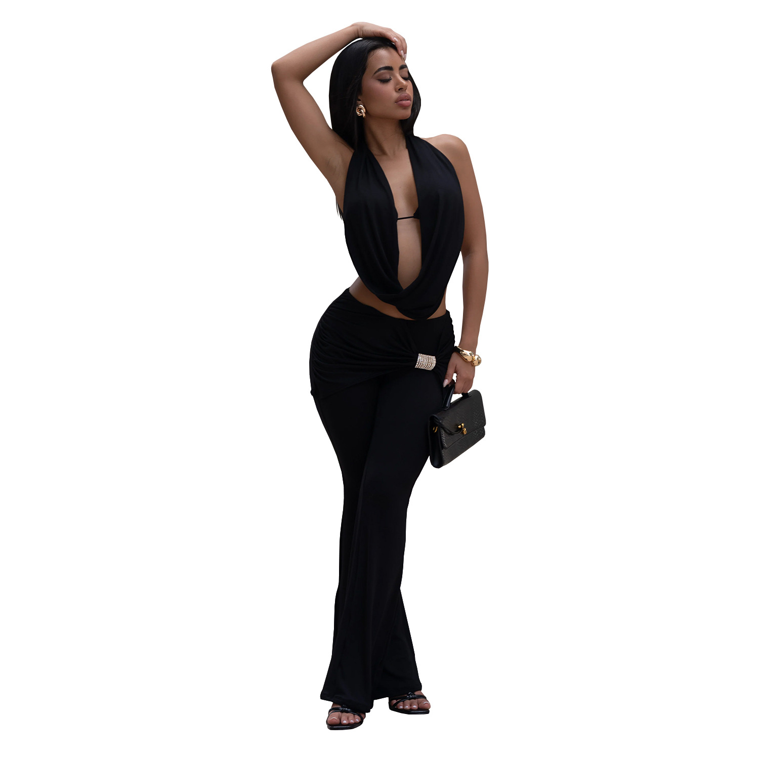 Women Sexy Solid Backless Top and Pants Two-piece Set