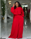 Women Autumn/Winter Round Neck Irregular Lantern Sleeve Top Wide Leg Pants Two-Piece Set